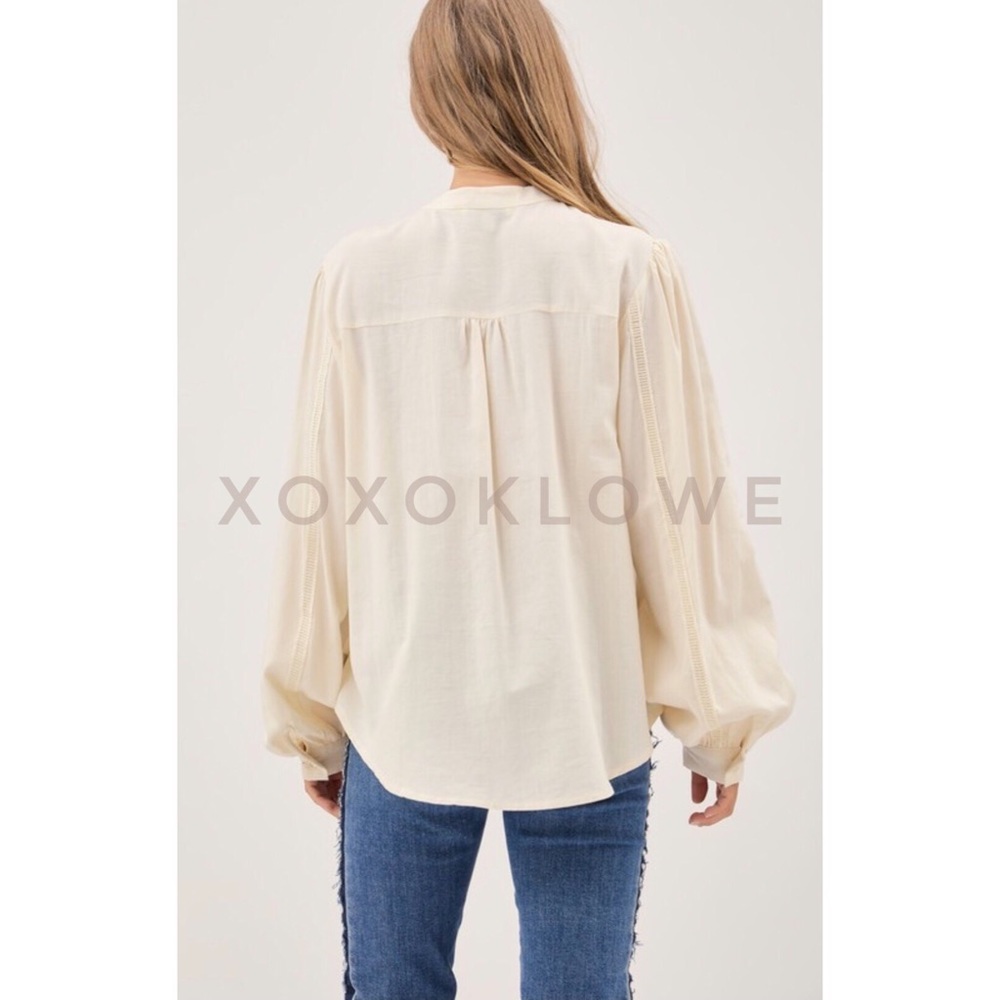 Boho Cream Blouse Flower Embroidery Button Front - Picture 7 of 13